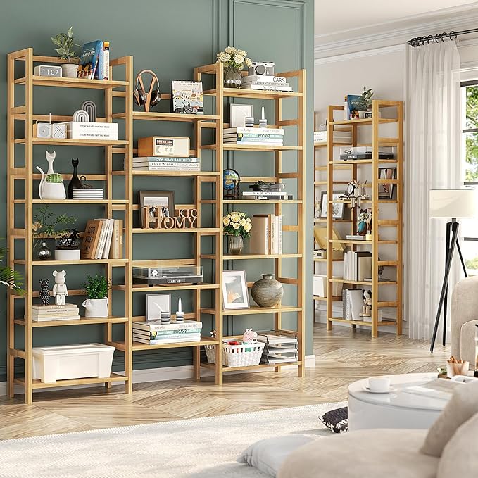 Homykic Bamboo Triple Wide Shallow Bookshelves and Bookcases, 6-Tier 6ft Tall Bookshelf with 17 Open Display Shelves, Large Freestanding Book Shelf for Home Office, Bedroom, Living Room, Natural