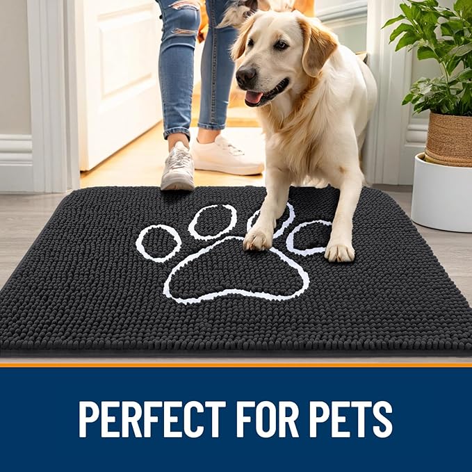 OLANLY Door Mat for Muddy Dog Paws 40x32, Ultra Absorbent Chenille Mud Doormat with Paw Print Design, Non-Slip Washable Doormat for Indoor Entryway, Quick-Dry Pet Bed Mats for Dirty Dogs, Dark Grey