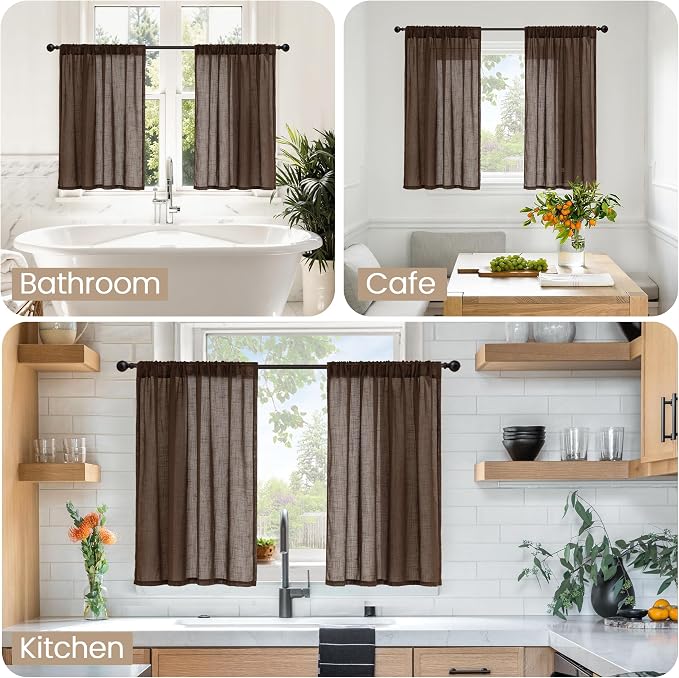 BGment Brown Linen Kitchen Curtains 40 Inch Length, Small Semi Sheer Drapes - Image 2