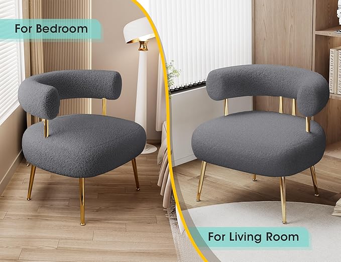 Mid Century Sherpa Boucle Accent Chair, Round Upholstered Barrel Arm Chair for Small Spaces, Fluffy Side Corner Sofa Chair for Living Room, Bedroom, Vanity, Office, Reading Nook(Grey)