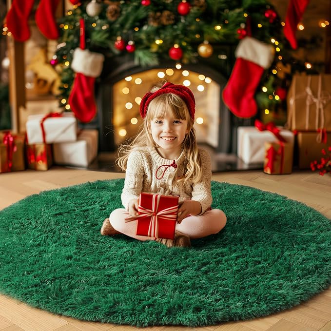 Amdrebio Dark Green Fluffy Round Rugs 5Ft - Image 8