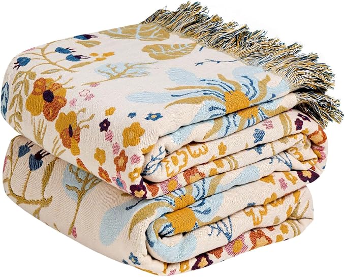 MSGKV Boho Throw Blanket for Bed 100% Cotton Floral Twin Size Couch Blanket by MSGKVHomeTextiles