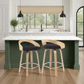 Sonia Modern Swivel Counter Height Bar Stool with Black Upholstered Seat and Patterned Oak Wood Finish Set of 4