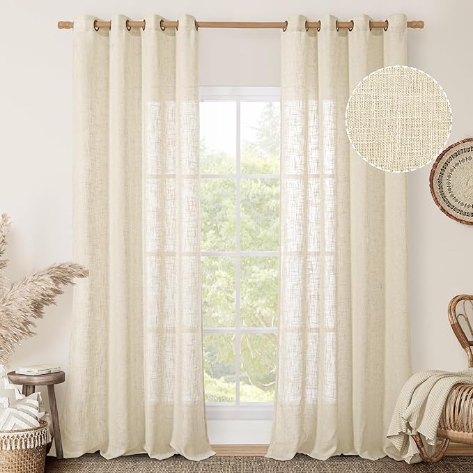 LAMIT 102 inches Long Sheer Linen Curtains, Linen Textured Light Filtering Semi by LAMIT
