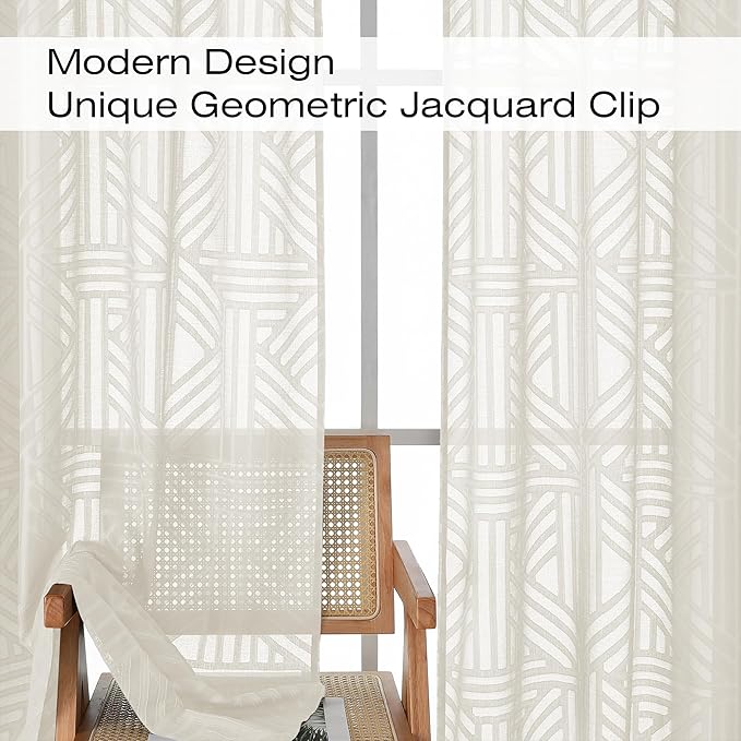 Simplebrand Ivory Semi Sheer Curtains 54 Inch Length 2 Panels, Geometric - Image 3