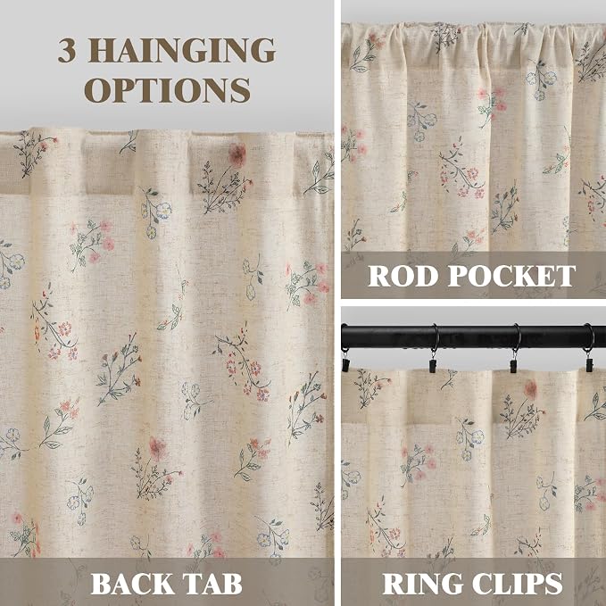 Boho Floral Spring Semi Sheer Curtains 84 Inch Length 2 Panels Set, Linen - Image 5