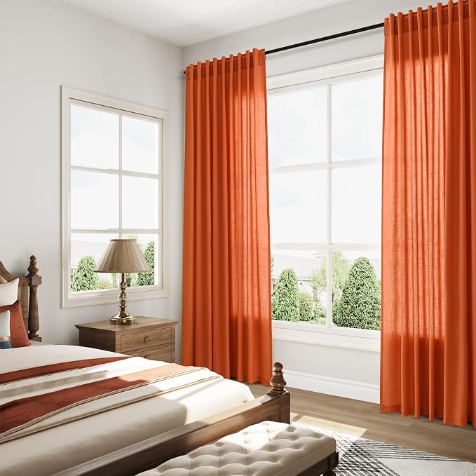 Nanspring Bright Orange Linen Blend Light Filtering Back Tab Curtains 96 Inches - Image 8