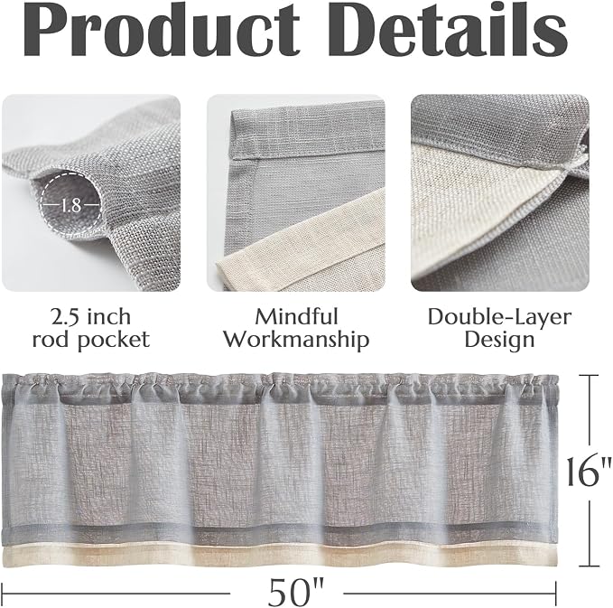 jinchan Linen Valance for Farmhouse Living Room Windows 16 Inch Gray Slubbed - Image 6