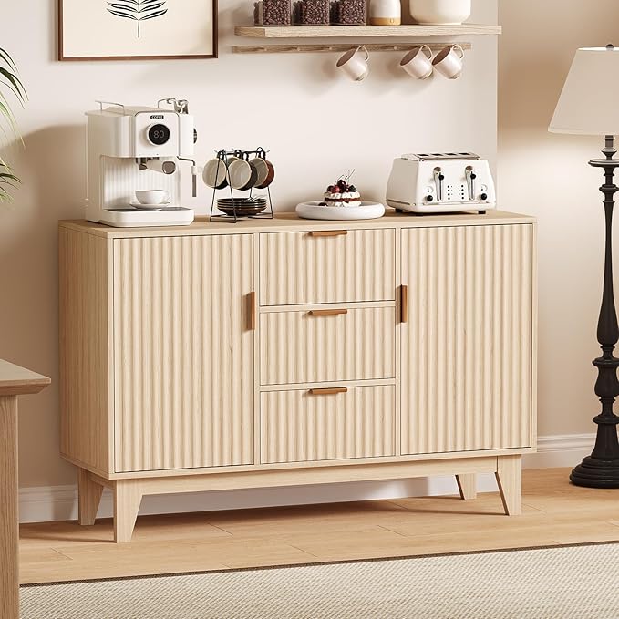 Garvee 47.2" Fluted Buffet Cabinets with Storage, Sideboard Storage Cabinet with 3 Drawers and 2 Doors, Modern Mid Century TV Stand Coffee Bar Furniture for Living Room, Kitchen, Entryway- Oak