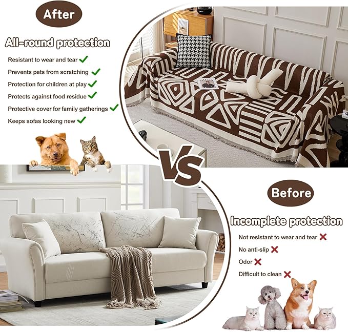 HANDONTIME Chocolate Boho Couch Cover Reversible Sofa Covers for 3 Cushion Washable Couch Sofa Cover for Dogs Dark Couches Covers Chenille Couch Protector Couch Covers for Sofa, 71" X71"