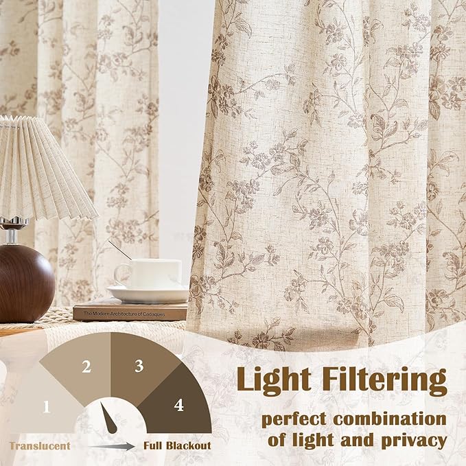 Lazzzy Farmhouse Linen Curtains Extra Long Taupe Floral Curtains 108 Inch - Image 3