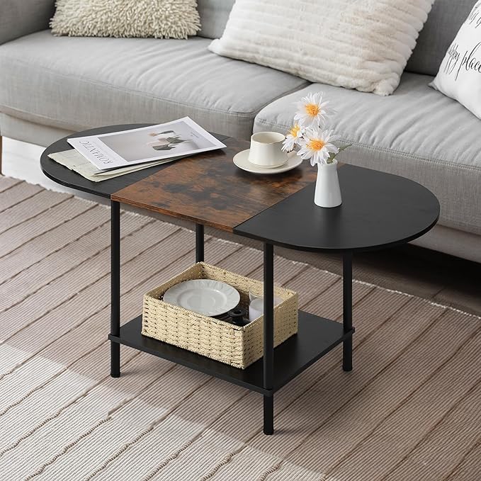 Coffee Tables for Living Room,2-Tier Small Oval Center Table Industrial Modern Style Coffee Tables with Storage Shelf and Wood Tabletop for Small Space,Home Office,Brown & Black