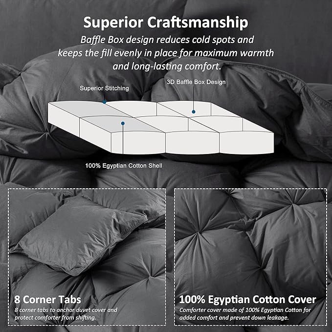 Luxurious Heavyweight Goose Down Feather Fiber Comforter Duvet Insert, Exquisite Gray Pinch Pleat Design, Oversize Palatial King 120 x 98, Premium Baffle Box 100% Egyptian Cotton, 95 oz Fill Weight