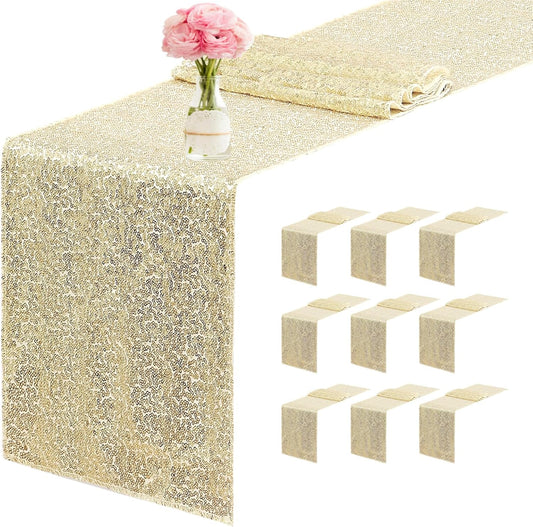 10 Packs 12 x 72 inches Sequin Table Runner, Champagne Glitter Table Runner for Birthday Party Supplies Wedding Engagement Baby Shower Holiday Celebration Event Decorations