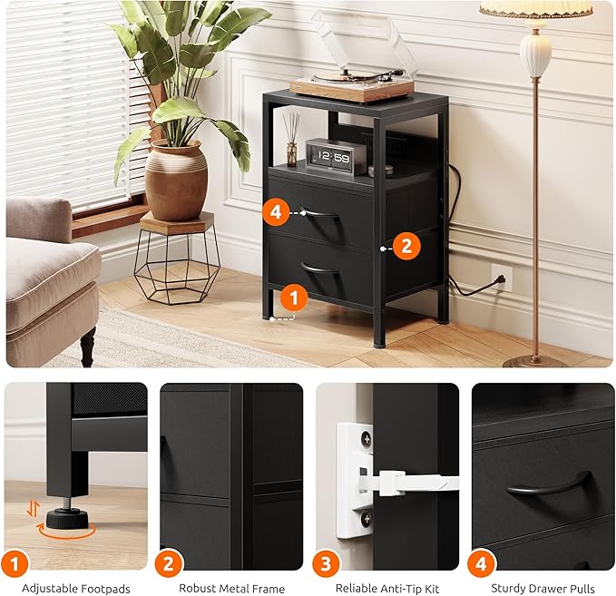 NightStand Bedside Charging Table Bedroom - Night Stand with Charger Station, Modern Nightstand with Open Shelf & 2 Fabric Drawers, Bed Side Table with USB-C USB Ports & AC Outlets for Dorm, Black