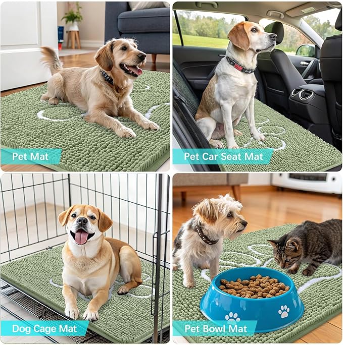 OLANLY Door Mat for Muddy Dog Paws 47x24, Ultra Absorbent Chenille Mud Doormat with Paw Print Design, Non-Slip Washable Doormat for Indoor Entryway, Quick-Dry Pet Bed Mats for Dirty Dogs, Sage Green