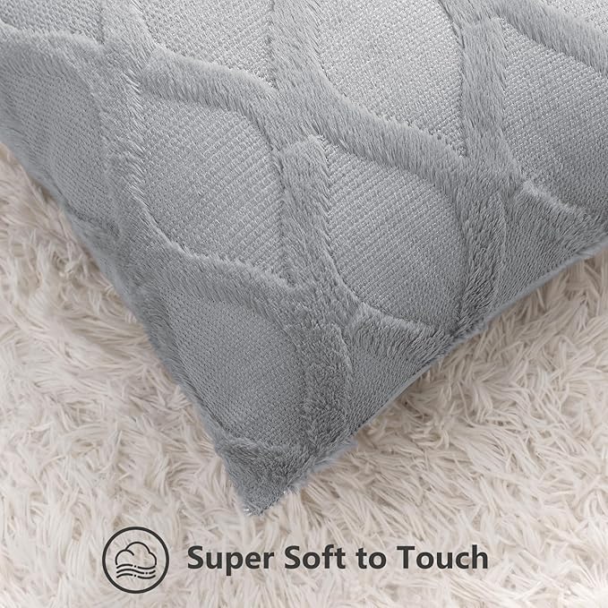 decorUhome Throw Pillow Covers 12x20 Inch Set of 2, Soft Plush Faux Fur Wool Lumbar Grey Couch Pillow Covers, Decorative Neutral Pillow Cases for Bed Sofa Living Room Home Decor