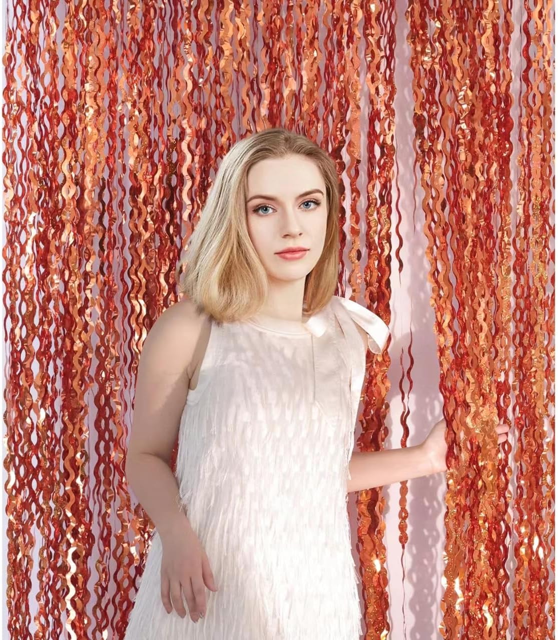 4 Pack 3.3x6.6ft Wavy Orange Foil Fringe Backdrop Curtains -Tinsel Streamers Metallic Foil Fringe Backdrop Door for Halloween, Graduation,Baby Shower,Gender Reveal