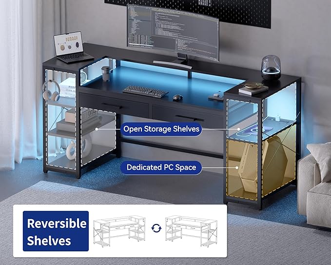 Pamray 58 Inch Computer Desk with Monitor Stand and Shelves Gaming Desk with LED Lights & Power Outlets PC Vanity Table with 2 Drawers for Home Office Pink