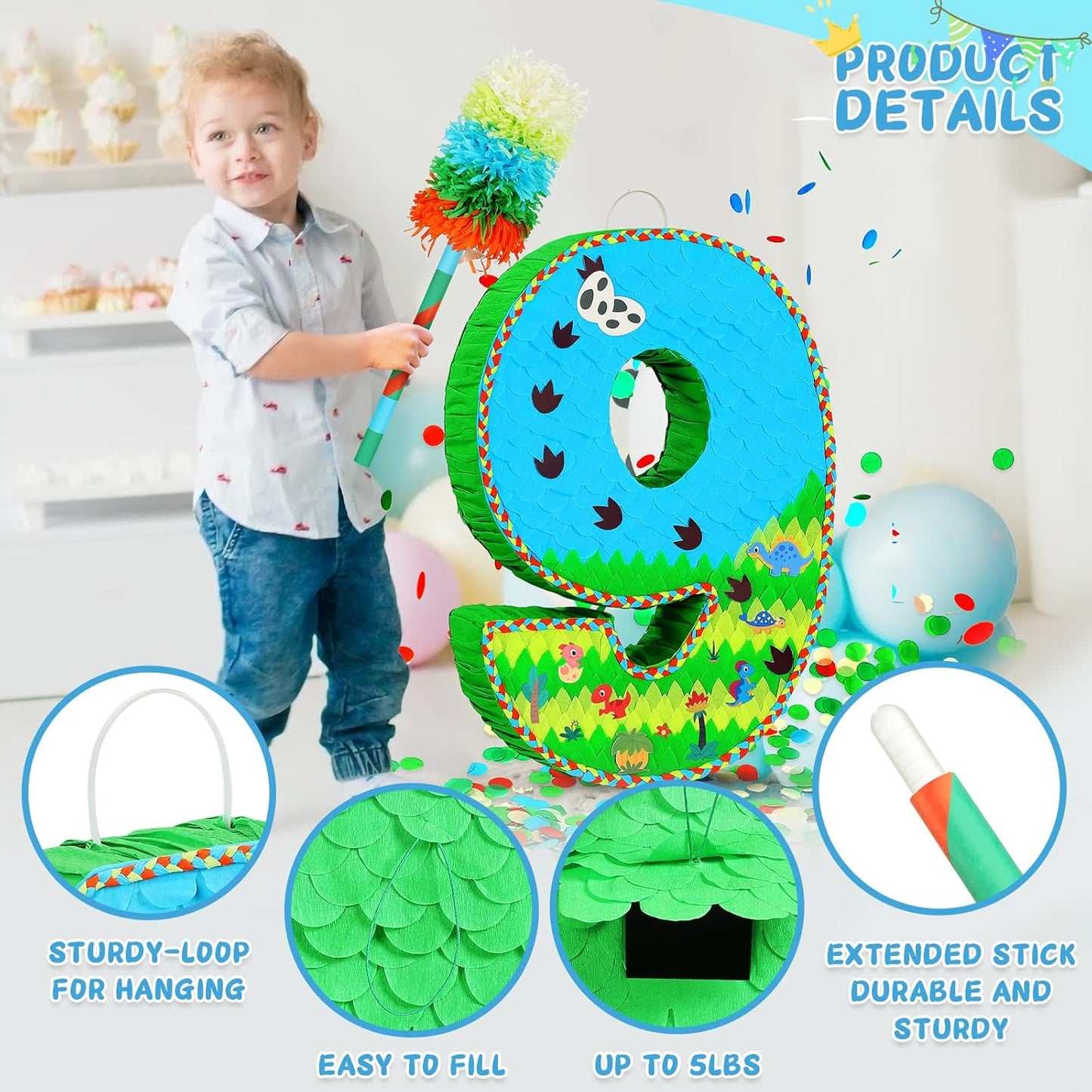 Number 9 Pinata for Birthday Party Decorations, Jungle Dinosaur Piñata Games Toy (9th)