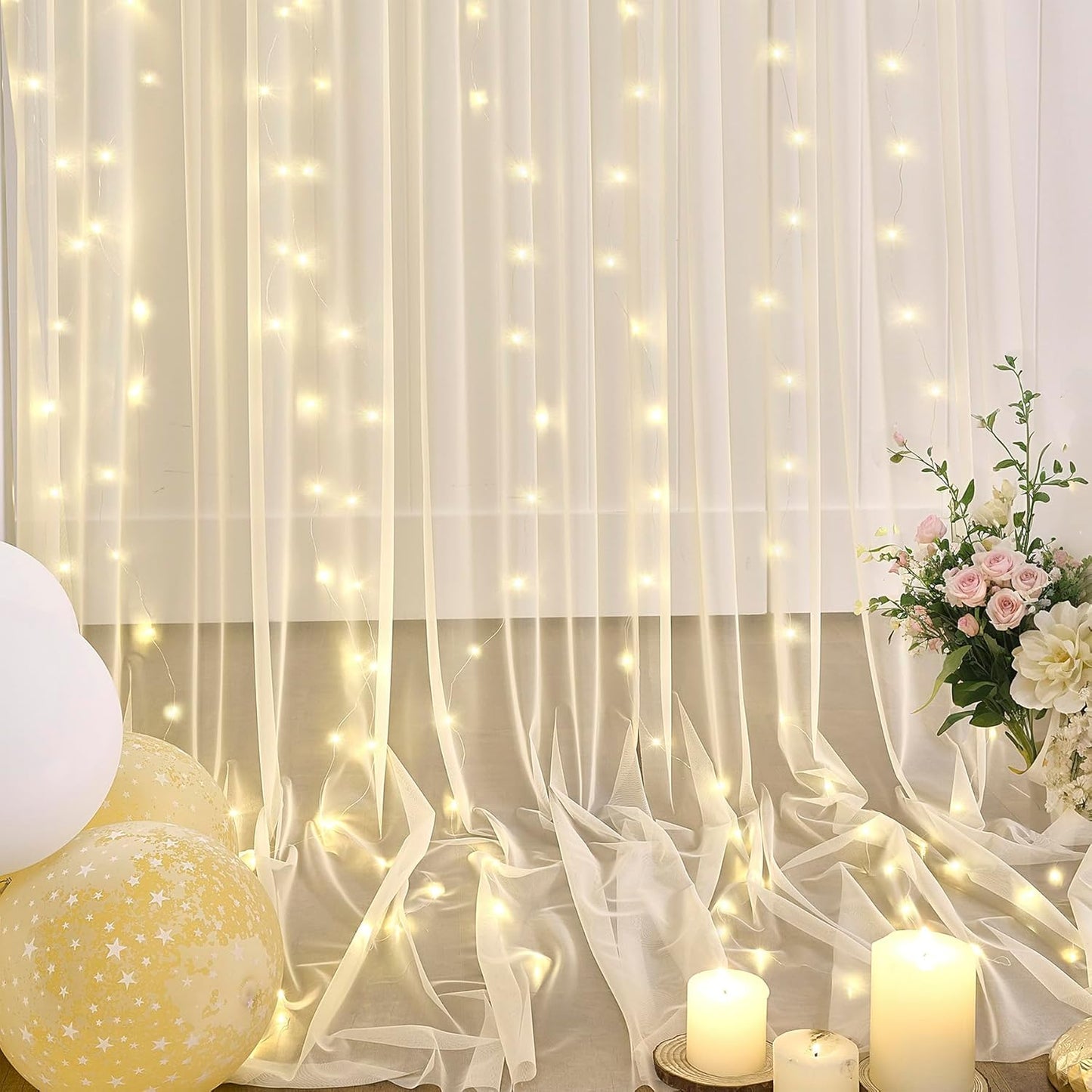 Champagne Sheer Backdrop Curtain with Lights String for Parites Wedding 20×10ft Tulle Backdrop Curtains for Bridal Shower Baby Shower Birthday Party Photo Shoot Decorations(4 Panels 5ft×10ft)