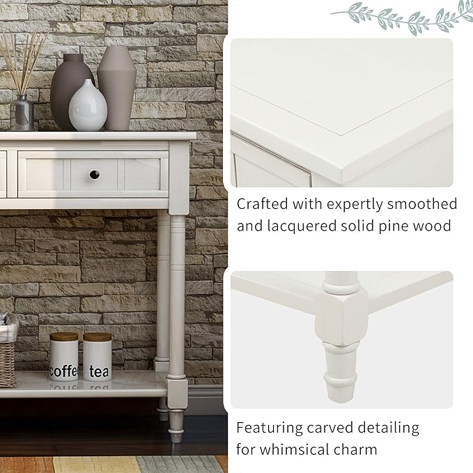 Bellemave Console Table with Drawers, Retro Entryway Table with 2 Drawers and Open Storage Shelf, Narrow Long Sofa Table, Behind Couch Table for Living Room, Foyer and Hallway, Ivory White