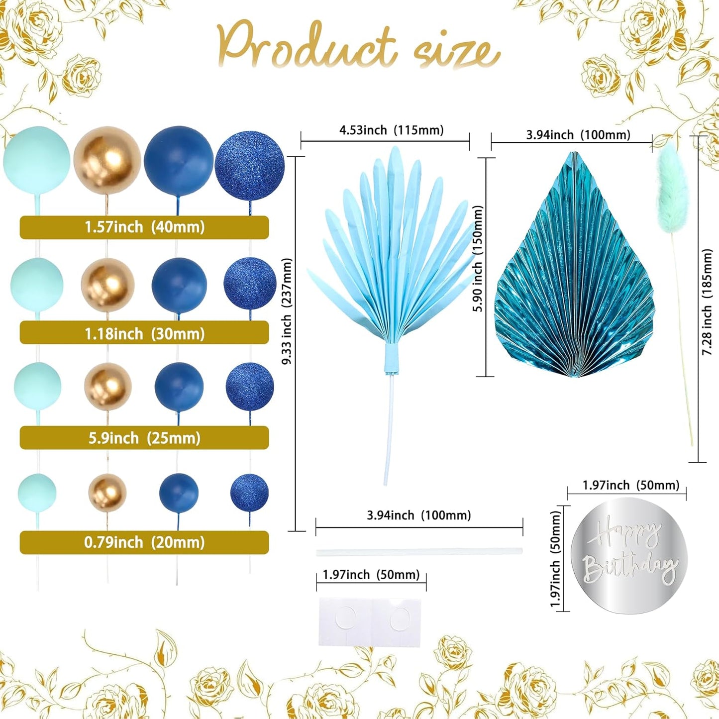 Ephlyn 33 Pack Balls Cake Toppers Boho Palm Leaves Cake Decorations Round Acrylic Happy Birthday Cupcake Toppers for Birthday Wedding Baby Shower Party Supplies Blue