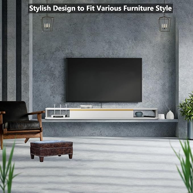 Floating TV Stand, 79'' Wall Mounted Entertainment Center TV Media Console, Floating Shelves with Door, Floating TV Cabinet Large Storage TV Bench for Living Room (White, 78.74IN)
