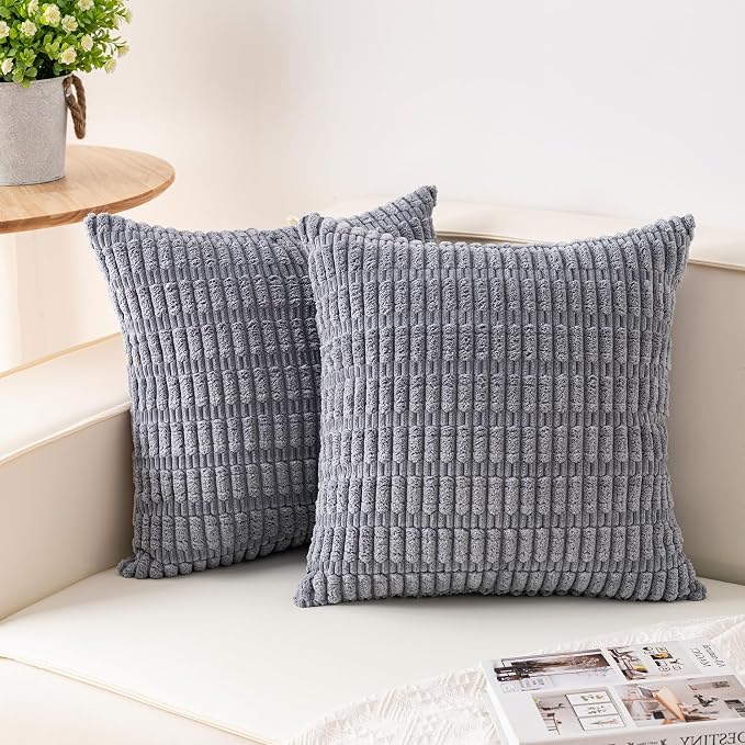 Pack of 2 Corduroy Decorative Throw Pillow Covers 18x18 InchSoft Boho Striped by Unknown
