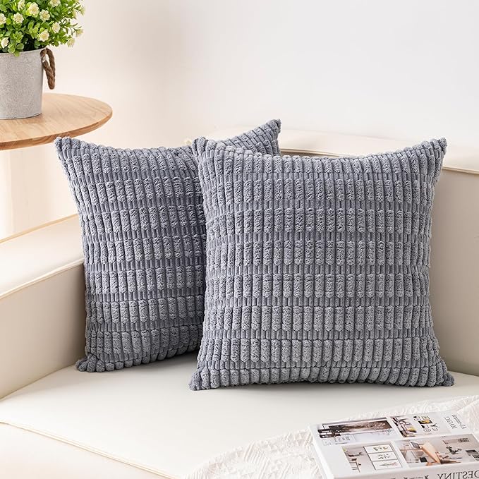 Pack of 2 Corduroy Decorative Throw Pillow Covers 16x16 Inch Soft Striped by Unknown