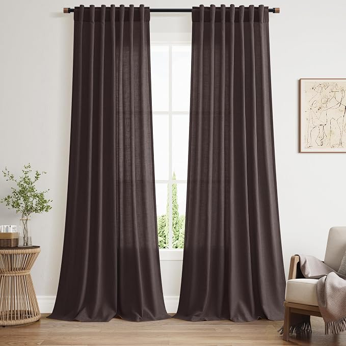 Nanspring Cocoa Coffee Linen Blend Light Filtering Back Tab Curtains 108 Inches by Nanspring