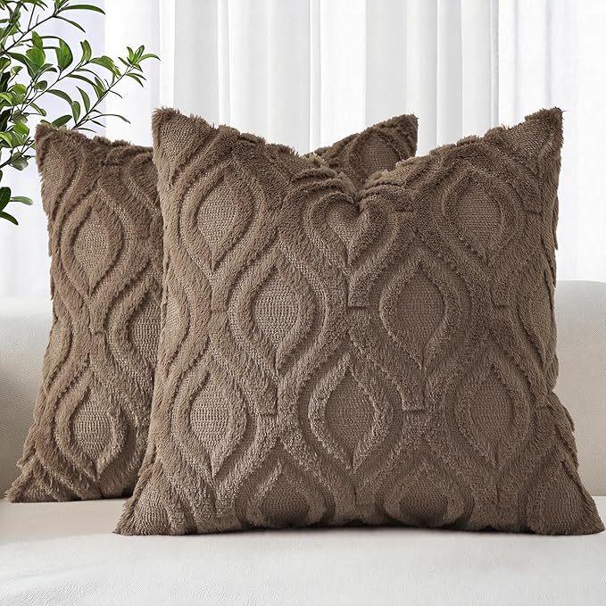 decorUhome Throw Pillow Covers 24x24 Inch Set of 2, Soft Plush Faux Wool Brown by decorUhome