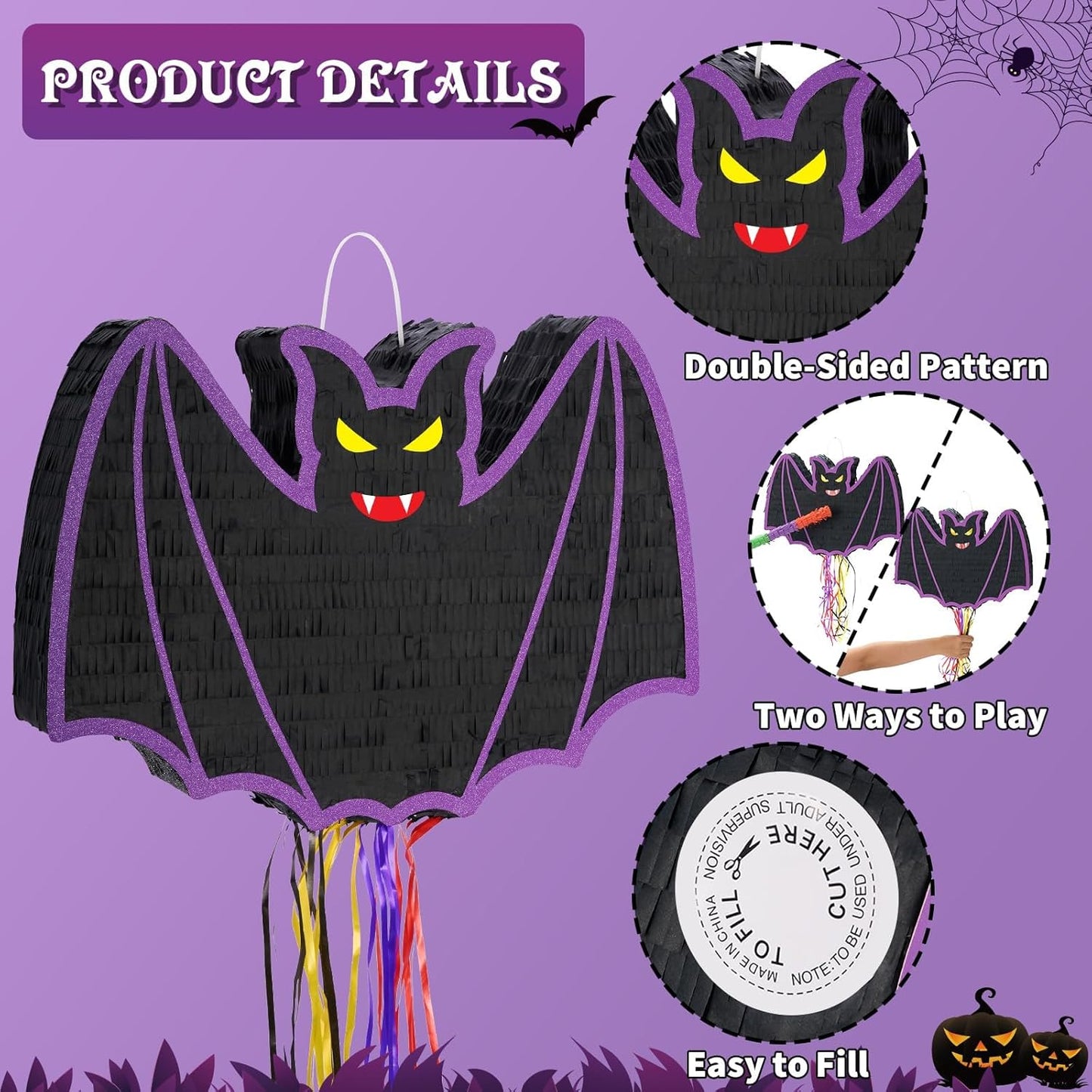 WERNNSAI Halloween Pinata - Halloween Party Decoration Scary Hallo-ween Pinata for Kids Baby Hallo-ween Costumes Party Purple Evil Bat Design Hallows Eve Decor Favor with Bat & Blindfold