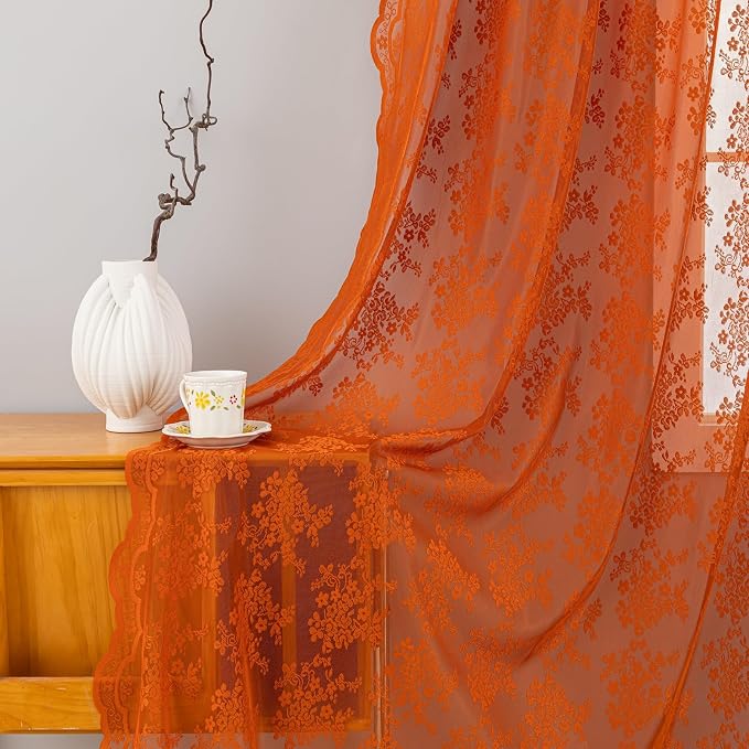 YJ YANJUN Vintage Lace Curtains 102 Inches Long-Rust Retro Floral Burnt Orange - Image 4