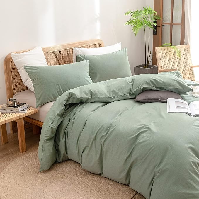 BESTOUCH Duvet Cover Set 100% Washed Cotton Linen Feel Super Soft Comfortable Chic Lightweight 3 PCs Home Bedding Set Solid Green King