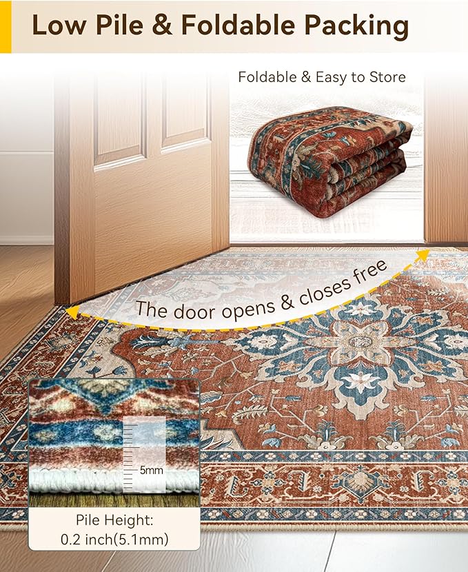Area Rugs 6'x9' Washable Non-Slip, Floral Vintage Distress Print Pattern - Image 3