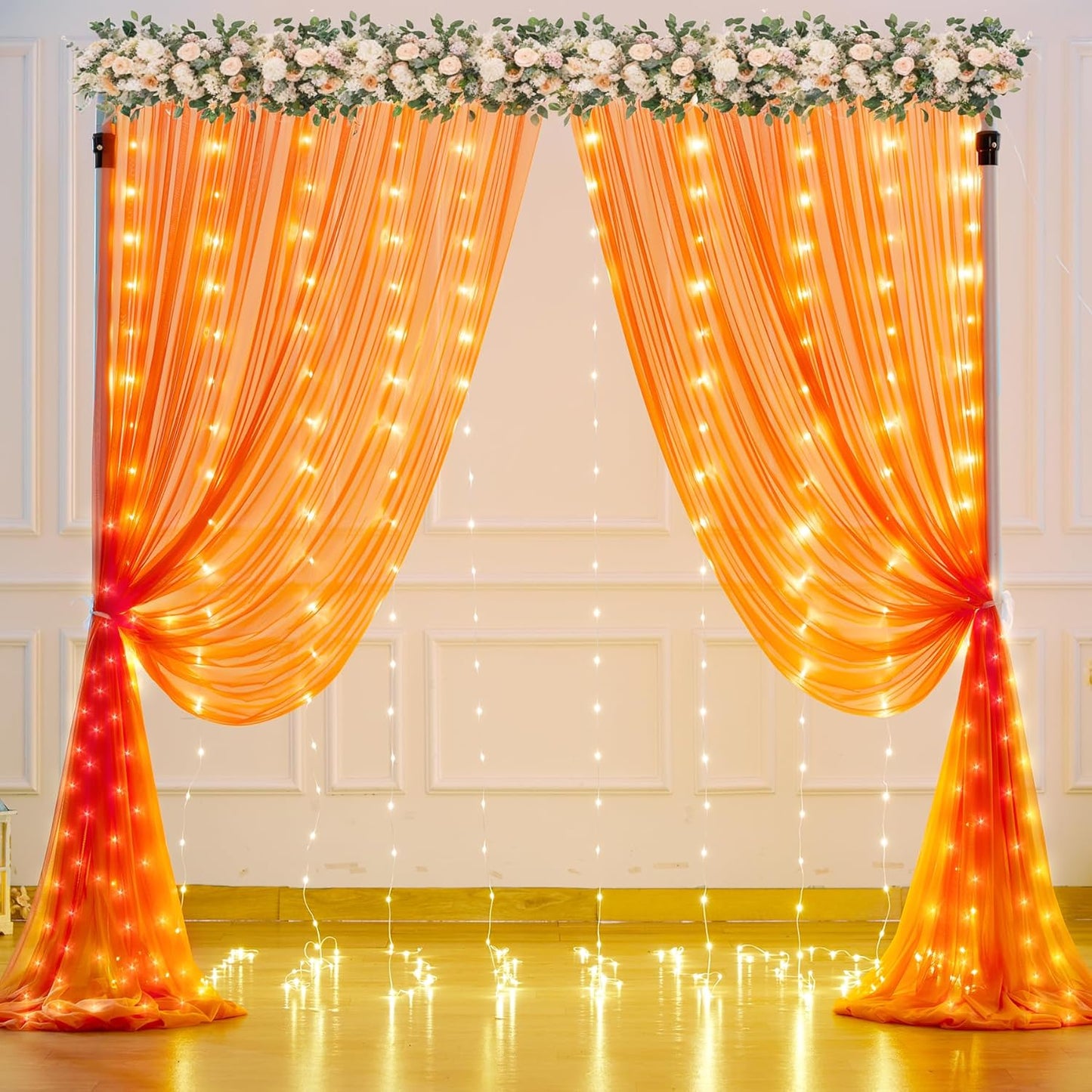 Orange Tulle Backdrop Curtain with Lights String for Parites 10x8ft Sheer Backdrop Curtains Drapes for Birthday Party Baby Shower Wedding Ceremony Prom Halloween Photo Booth Background Decorations