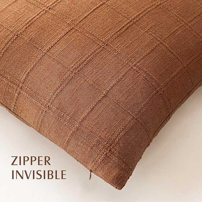 Foindtower Set of 2 Decorative Linen Check Throw Pillow Covers Neutral Farmhouse Vintage Cushion Covers Modern Boho Home Decor for Sofa Chair Couch Bedroom Living Room Outdoor,22×22 Inch,Orange