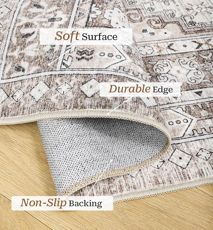 zesthome 5x7 Area Rugs - Ultra-Thin Washble Rug, Stain Resistant Anti Slip Backing Rugs for Living Room,Bedroom, Vintage Home Decor Area Rug (Brown/Beige,5'x7')