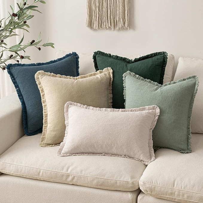 MIULEE Decorative Throw Pillow Covers Neutral Linen Fringe Throw Pillows Set of - Image 5
