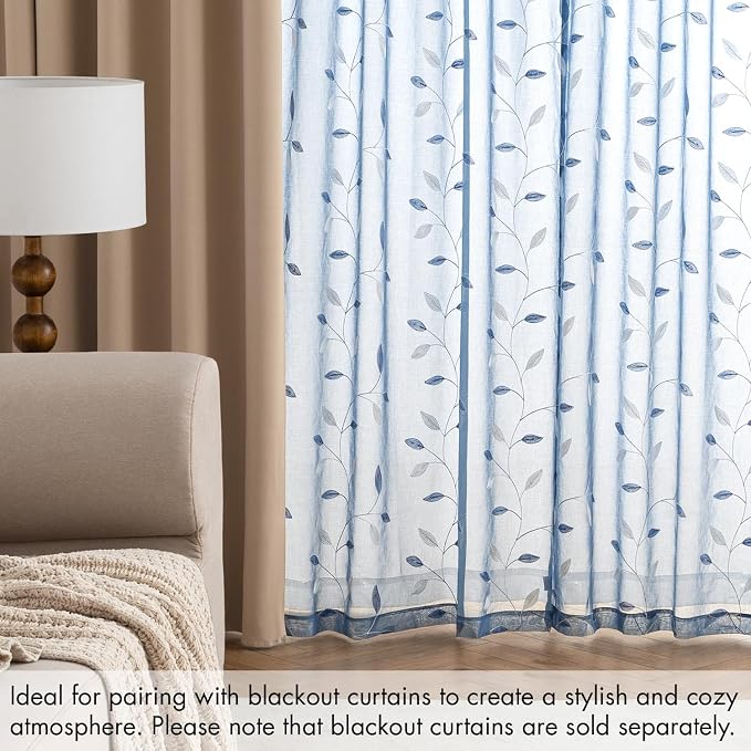 MIULEE Dusty Blue Sheer Curtains 2 Panels Embroidered Leaf Patterned Rod Pocket - Image 7