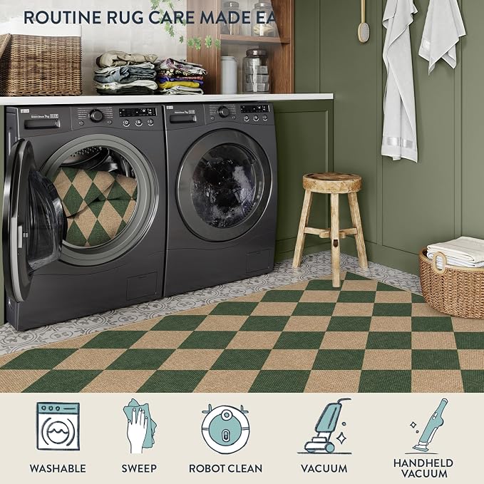 Lahome Colette Checkered Outdoor Patio Easy Jute Rug, 3x5 Dark Green Washable - Image 4