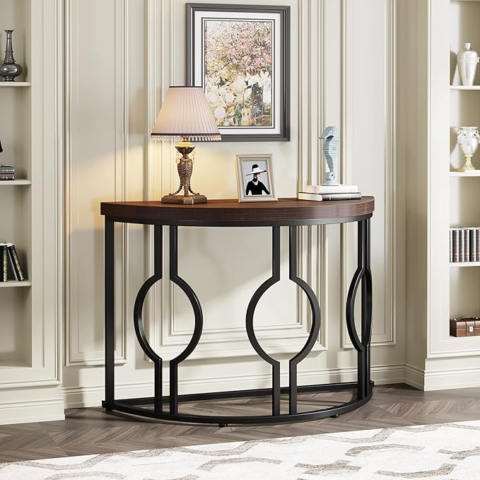 LITTLE TREE 43 Inch Half Moon Console Table for Entryway Industrial Semi Circle Sofa Table Wood Accent Table for Living Room, Hallway, Foyer, Entrance, Rustic Brown