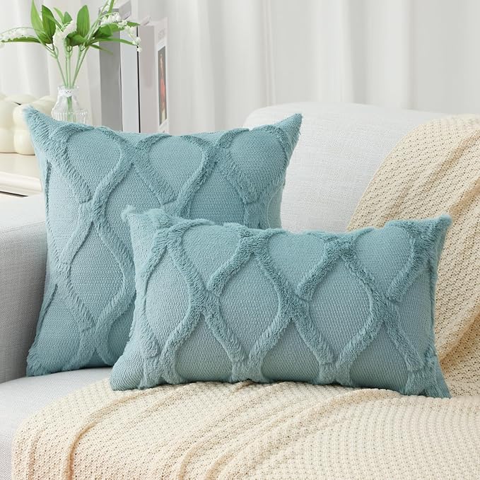 decorUhome Throw Pillow Covers 24x24 Inch Set of 2, Soft Plush Faux Fur Wool Aqua Couch Pillow Covers, Decorative Neutral Pillow Cases for Bed Sofa Living Room Home Decor
