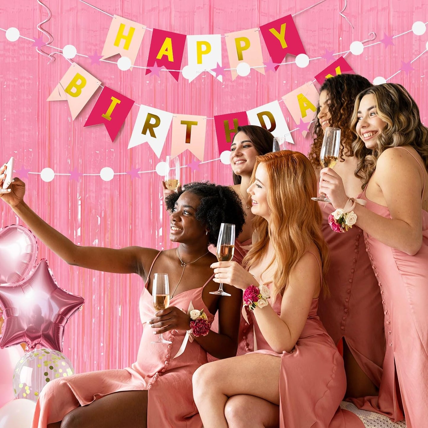 5 Pack Pink Tinsel Curtain Party Backdrop Foil Fringe Light Pink Halloween Baby Shower Valentines Wedding Birthday Decorations for Women