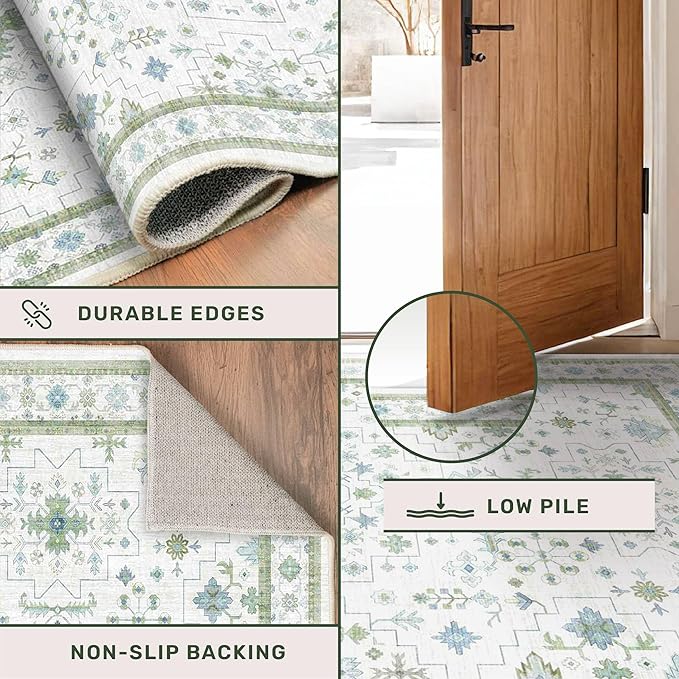 Cream Oushak 7x9 Bedroom Rug - Boho Floral Cool Blue and Green, Washable Low Pile Non-Slip Ultra-Thin Large Area Rugs for Playroom, Bed Room, Living Room