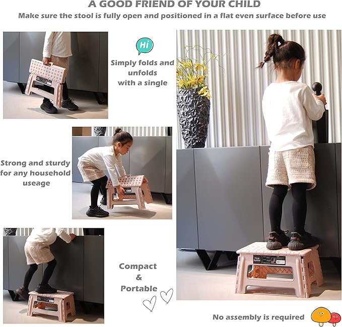 Folding Step Stool - 9" Height - Holds up 300 Lbs Lightweight Foldable Stepping Stool is Sturdy Enough to Support Adults & Safe Enough for Kids. Skid Resistant and Open with one flip