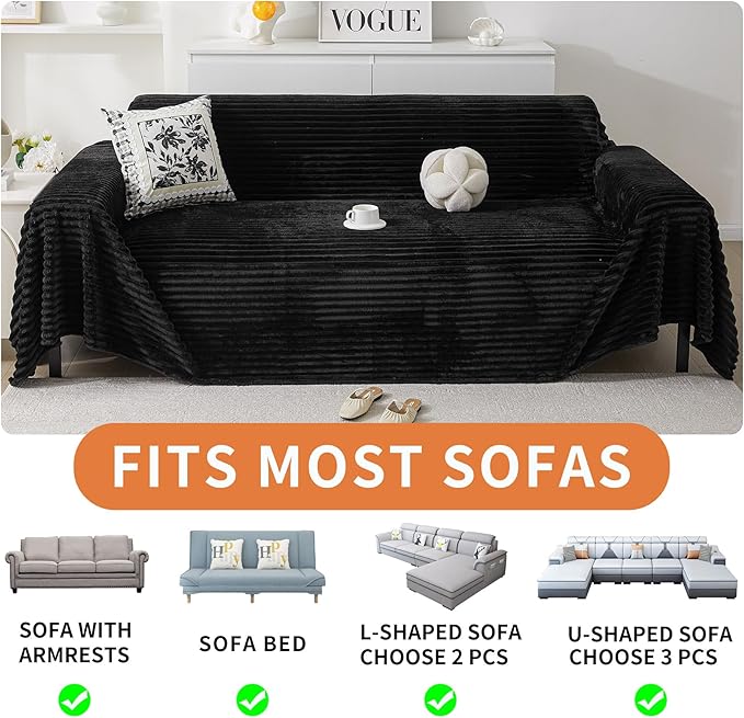 HAOMAIJIA Faux Fur Sofa Covers Couch Covers for 3 Cushion Couch Sofa Pet Friendly Soft Non Slip Couch Cover for Dogs Washable Sectional Couch Covers L Shape Furniture Protector (Black, 71"x150")