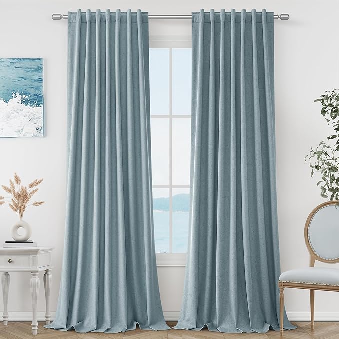 Guken Blue 100% Blackout Linen Curtains 108 Inch Length 2 Panels Set by Guken
