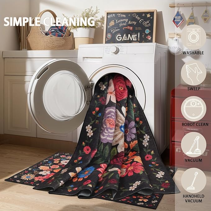 Black/Brown Area Rugs 10x14 Living Room, Non Slip Machine Washable Floral Rugs - Image 5